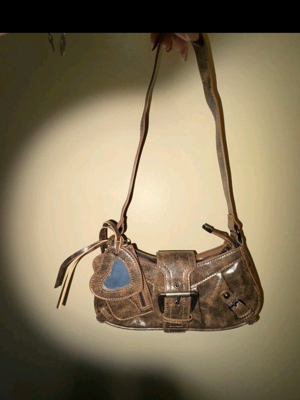 Brown Leatherette Shoulder Bag with Heart Charm